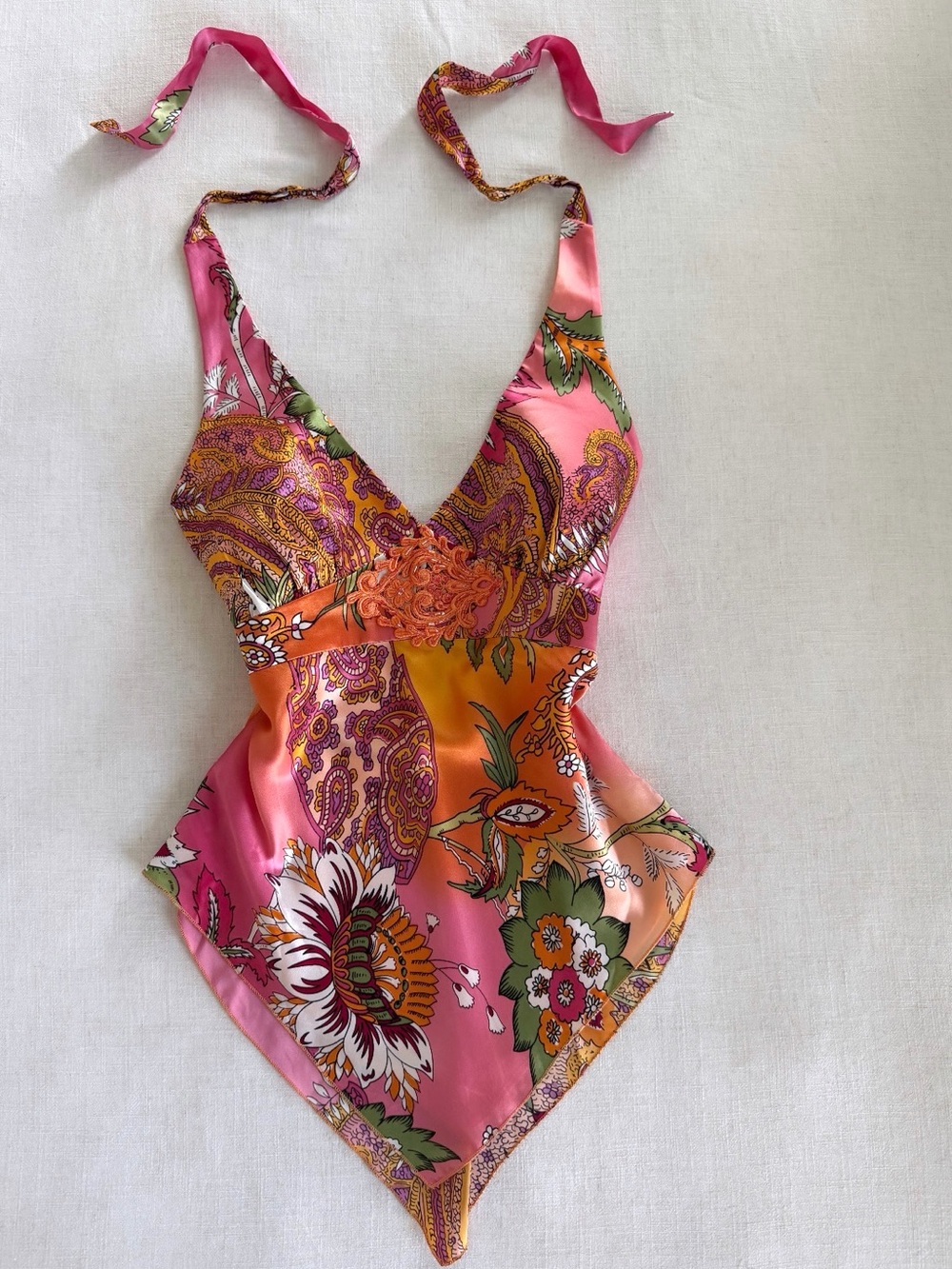 Vintage Cache 100% Silk Paisley Halter
Handkerchief Top Pink Orange Boho